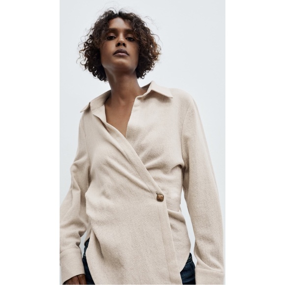 ZARA Tan/ Cream Double Breasted Shirt - Picture 2 of 9